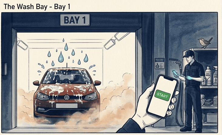 The Wash Bay · Bay 1 — illustration